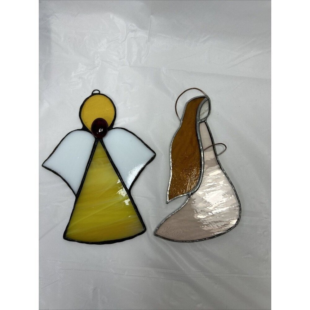 Pair of stained glass angel suncatcher Christmas vintage One Signed